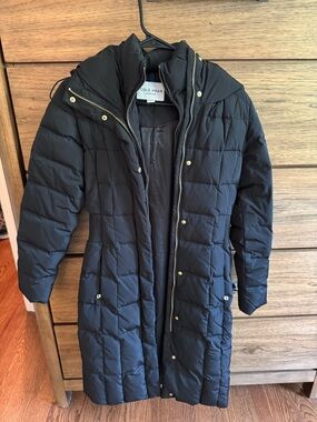 Cole Haan Signature Black Long Quilted Puffer Coat with Hood